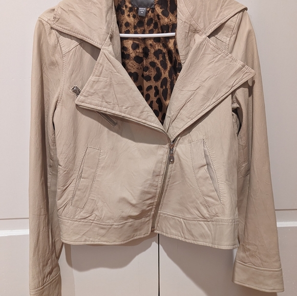 Kenna-T Classic Leather Moto Jacket Sz M Beige - Picture 2 of 8